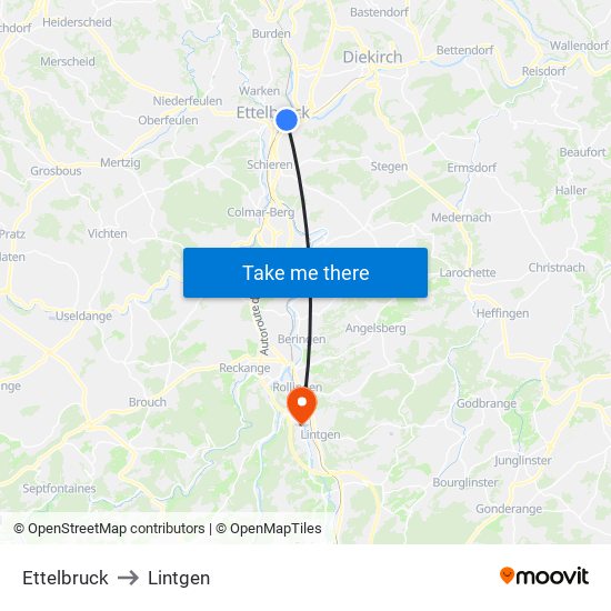 Ettelbruck to Lintgen map