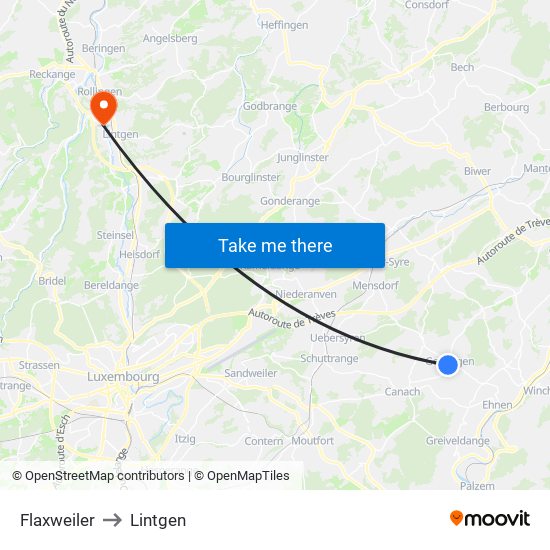 Flaxweiler to Lintgen map