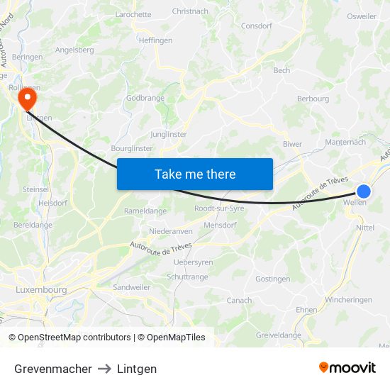 Grevenmacher to Lintgen map