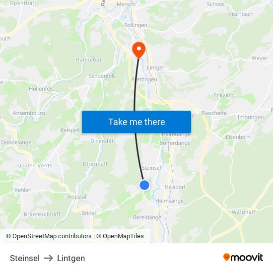 Steinsel to Lintgen map