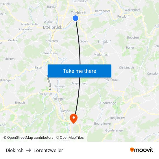 Diekirch to Lorentzweiler map