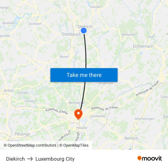 Diekirch to Luxembourg City map