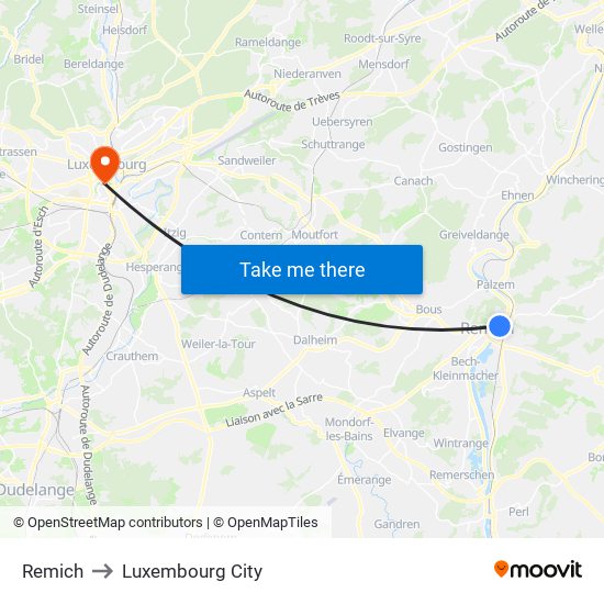 Remich to Luxembourg City map