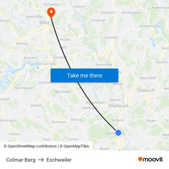 Colmar-Berg to Eschweiler map