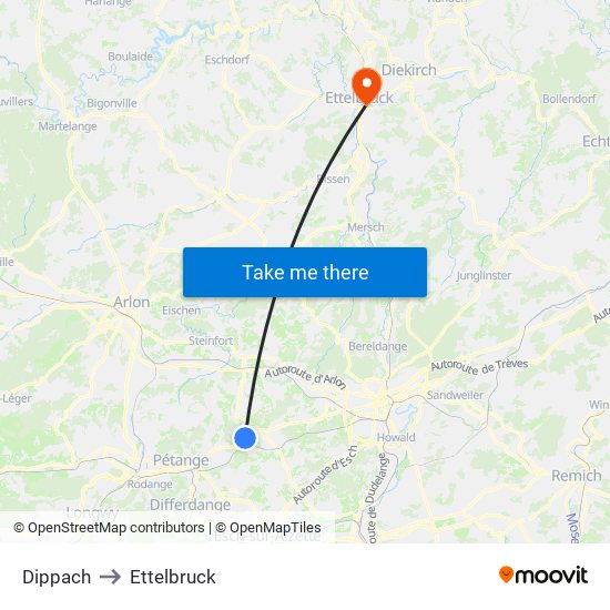 Dippach to Ettelbruck map