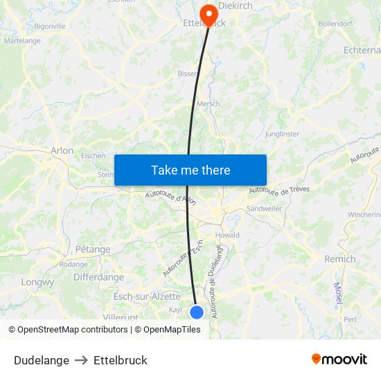 Dudelange to Ettelbruck map
