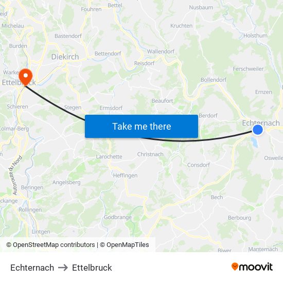 Echternach to Ettelbruck map