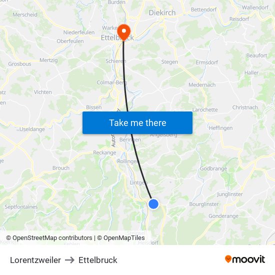 Lorentzweiler to Ettelbruck map