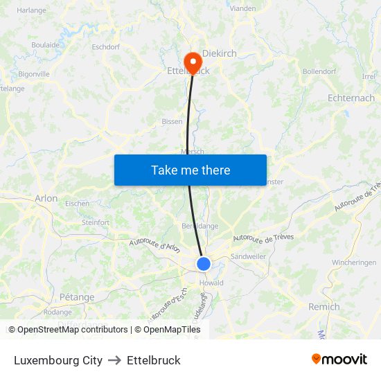 Luxembourg City to Ettelbruck map