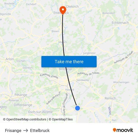 Frisange to Ettelbruck map