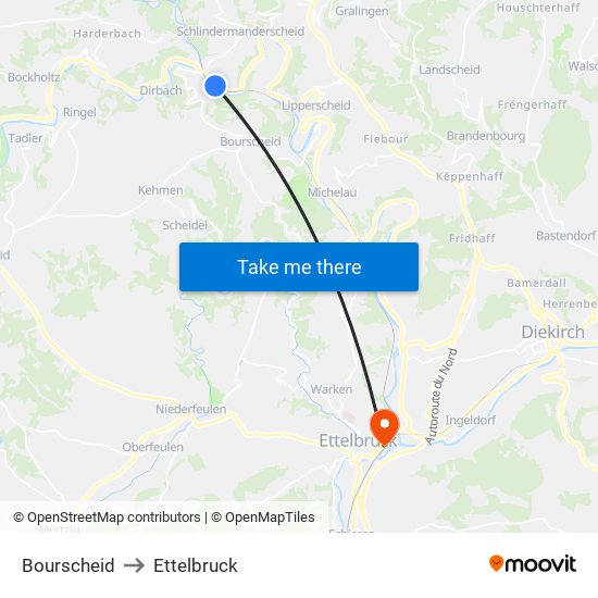 Bourscheid to Ettelbruck map