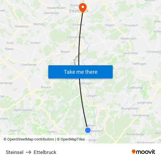 Steinsel to Ettelbruck map
