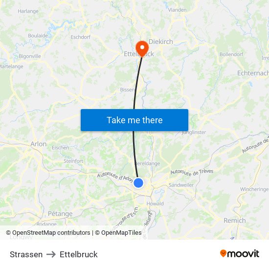 Strassen to Ettelbruck map