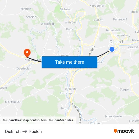 Diekirch to Feulen map