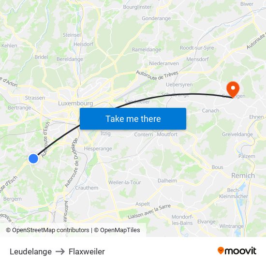 Leudelange to Flaxweiler map