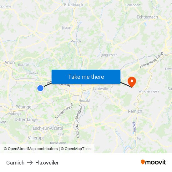 Garnich to Flaxweiler map
