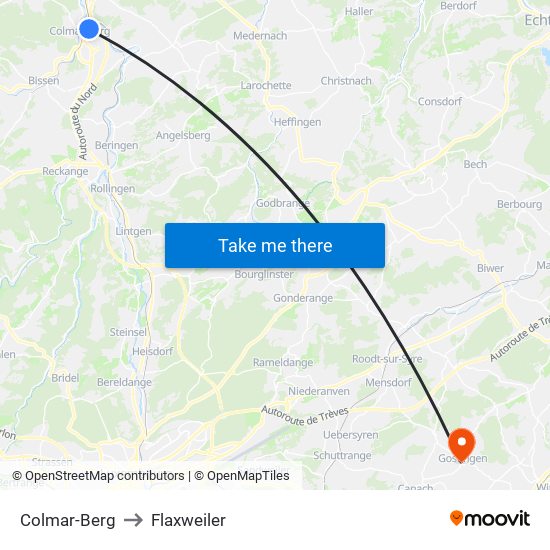 Colmar-Berg to Flaxweiler map