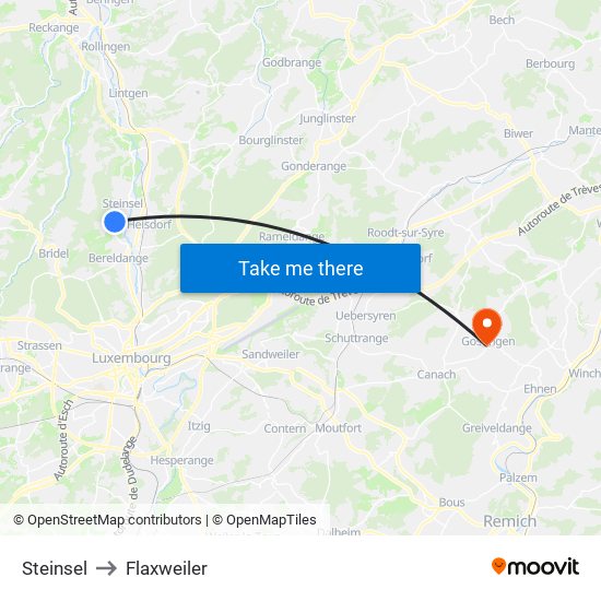Steinsel to Flaxweiler map