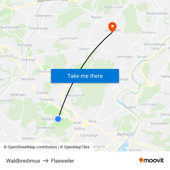 Waldbredimus to Flaxweiler map