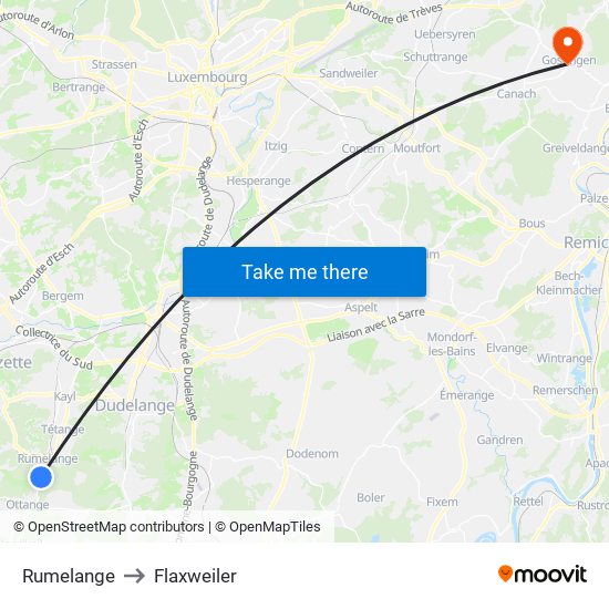 Rumelange to Flaxweiler map