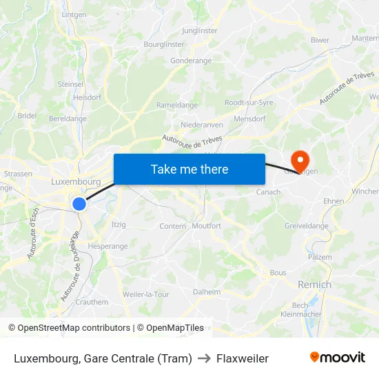 Luxembourg, Gare Centrale (Tram) to Flaxweiler map