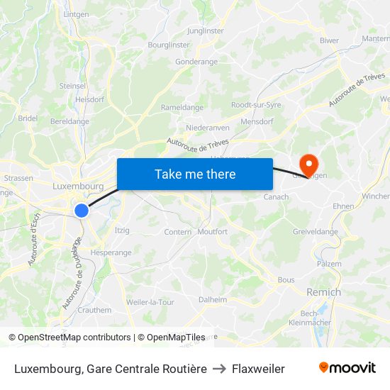 Luxembourg, Gare Centrale Routière to Flaxweiler map