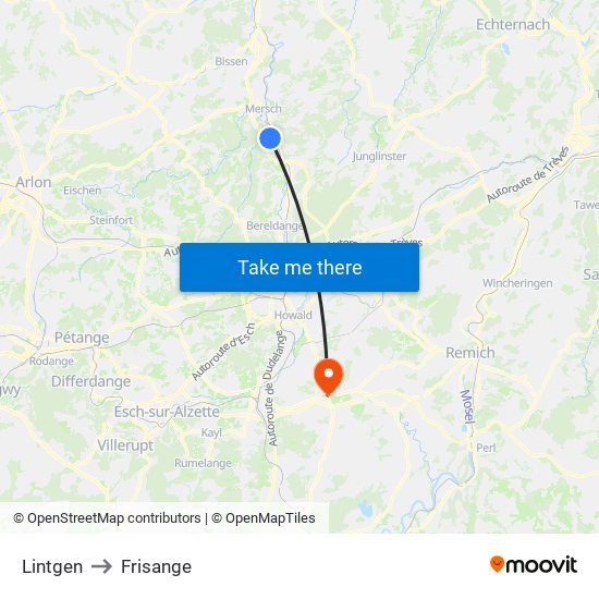 Lintgen to Frisange map