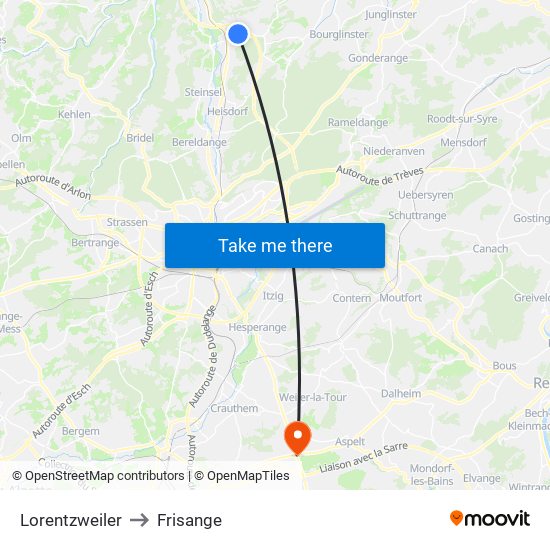 Lorentzweiler to Frisange map