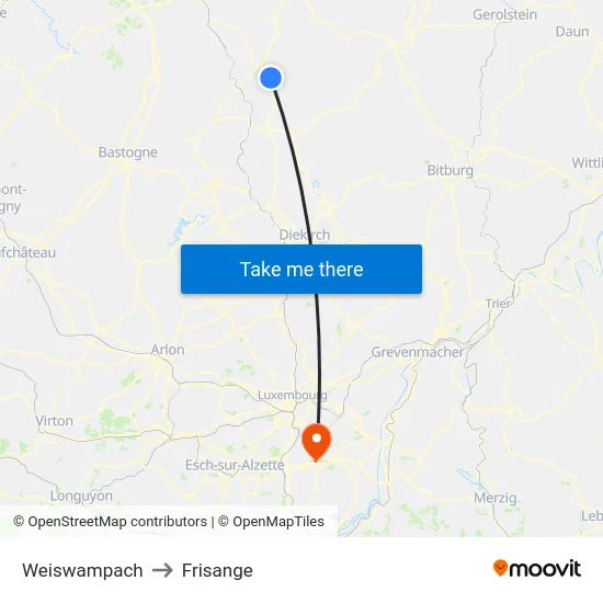 Weiswampach to Frisange map