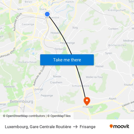 Luxembourg, Gare Centrale Routière to Frisange map