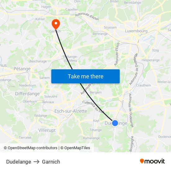 Dudelange to Garnich map