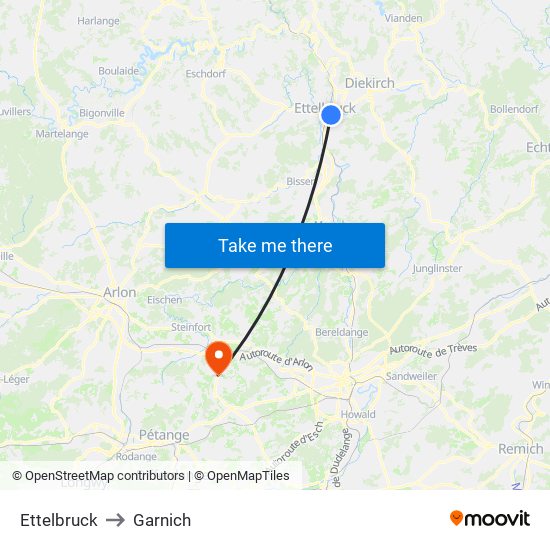 Ettelbruck to Garnich map