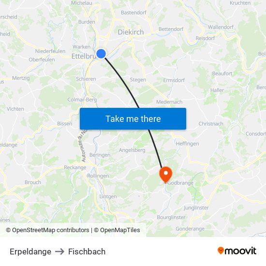 Erpeldange to Fischbach map
