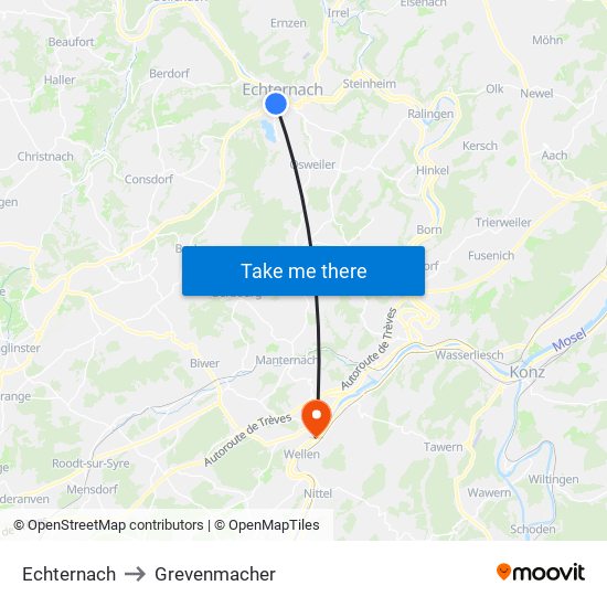 Echternach to Grevenmacher map