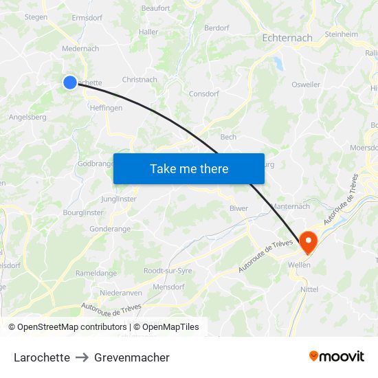 Larochette to Grevenmacher map