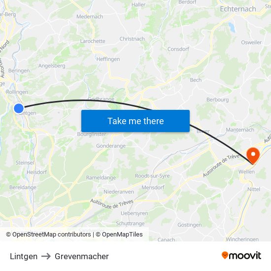 Lintgen to Grevenmacher map