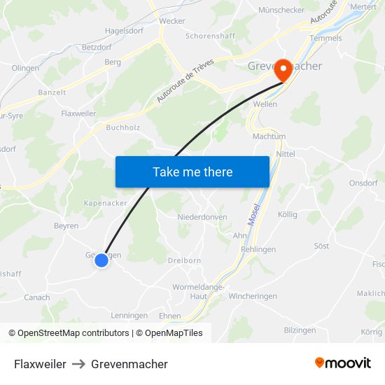 Flaxweiler to Grevenmacher map