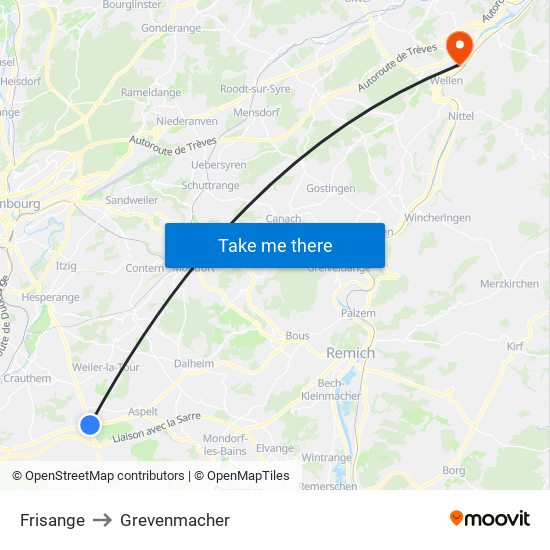 Frisange to Grevenmacher map