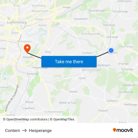 Contern to Hesperange map