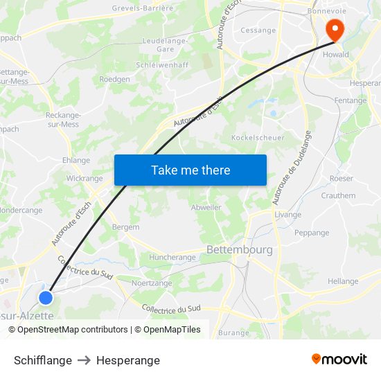 Schifflange to Hesperange map