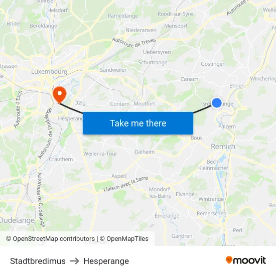 Stadtbredimus to Hesperange map