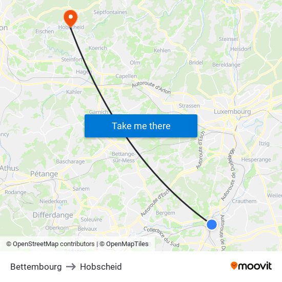 Bettembourg to Hobscheid map