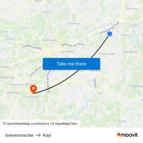 Grevenmacher to Kayl map
