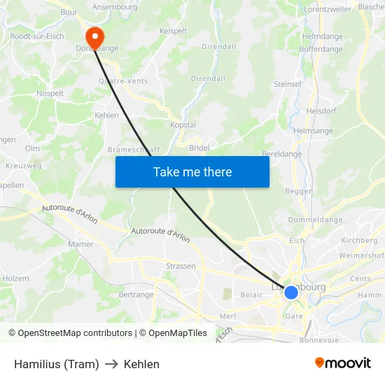Hamilius (Tram) to Kehlen map