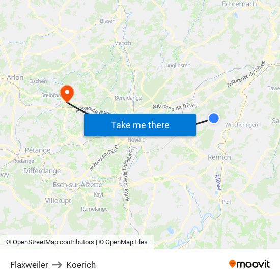 Flaxweiler to Koerich map