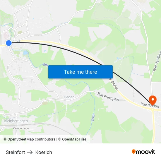 Steinfort to Koerich map