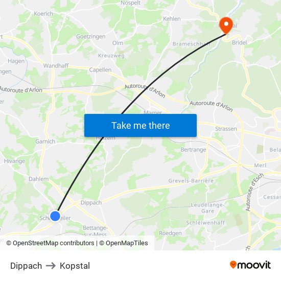 Dippach to Kopstal map