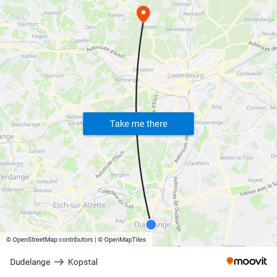 Dudelange to Kopstal map