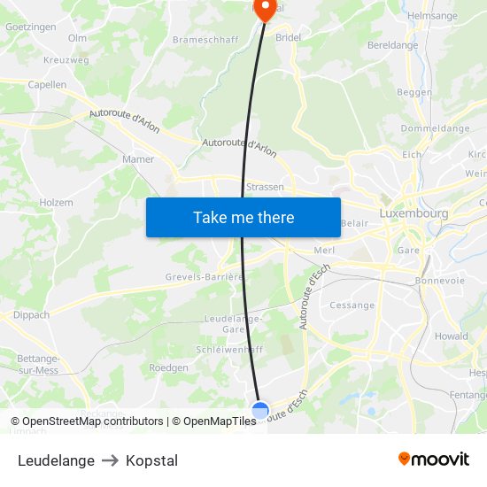 Leudelange to Kopstal map