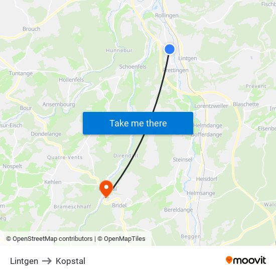 Lintgen to Kopstal map